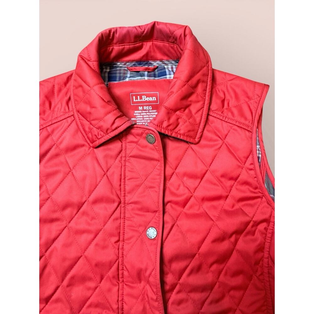 LL Bean Vest Womens M Red Quilted Insulated Snap Front Plaid Lined Outdoor Casua
